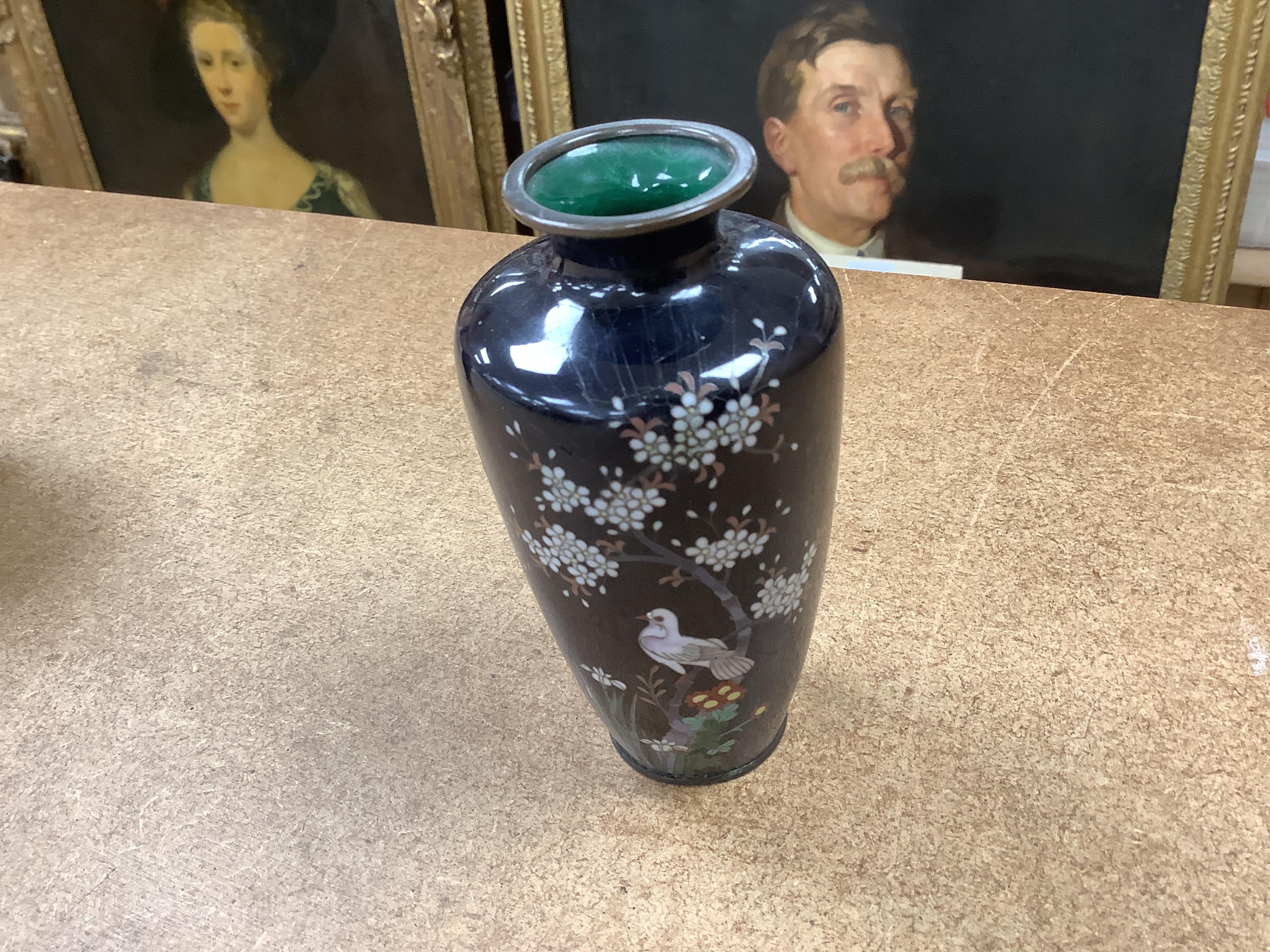 A Japanese figural satsuma vase and a pair of small black cloisonné enamel vases, Satsuma 21.5cm high